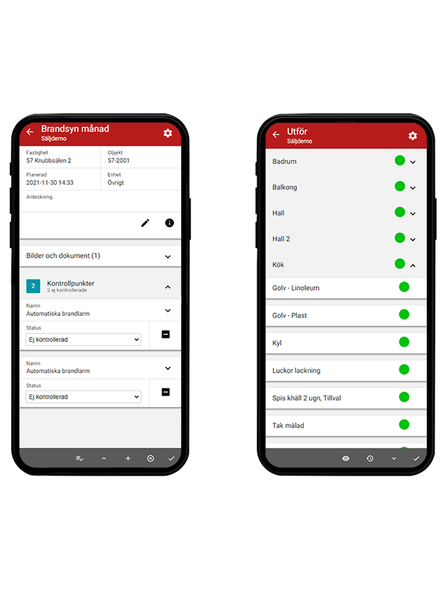 Två mobiler som visar TF-appen, ärende och besiktning